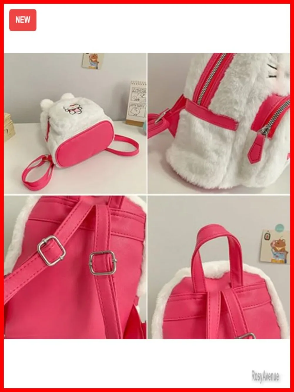 Cute Plush Fashion Backpack with Keychain, Double Zipper, Mini Backpack